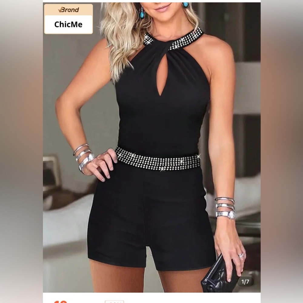 chic Black Embellished Halter Romper